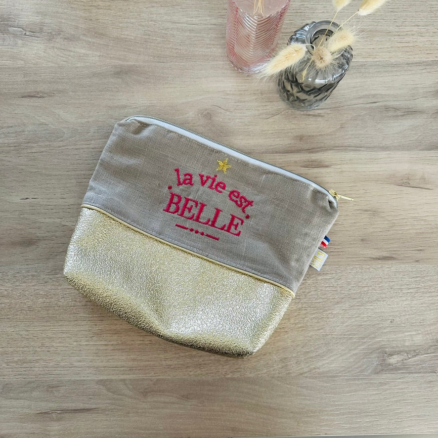 Trousse brodée, La vie est belle dorée