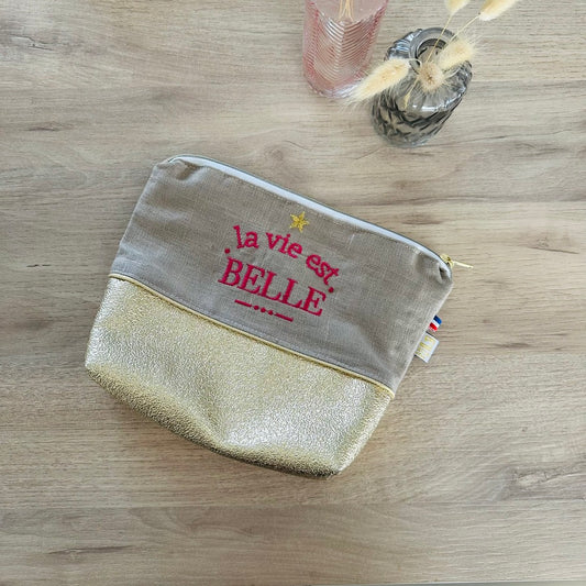 Trousse brodée, La vie est belle dorée