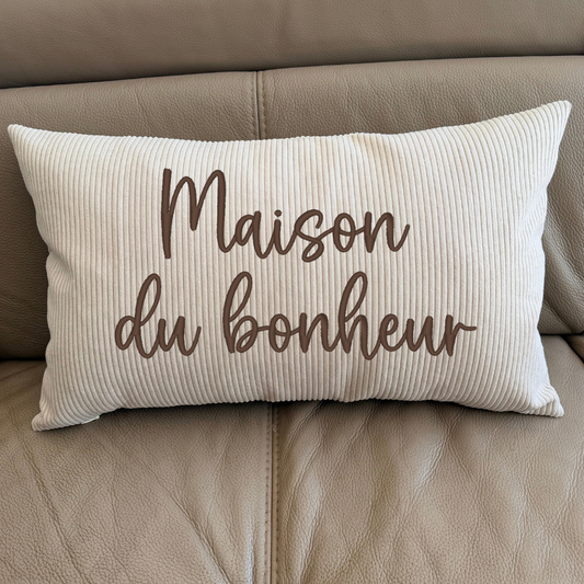 Coussin en velours côtelé – maison du bonheur