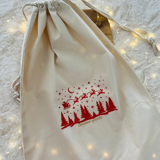 Hotte ou pochon de Noël "Traineau du Père Noël"